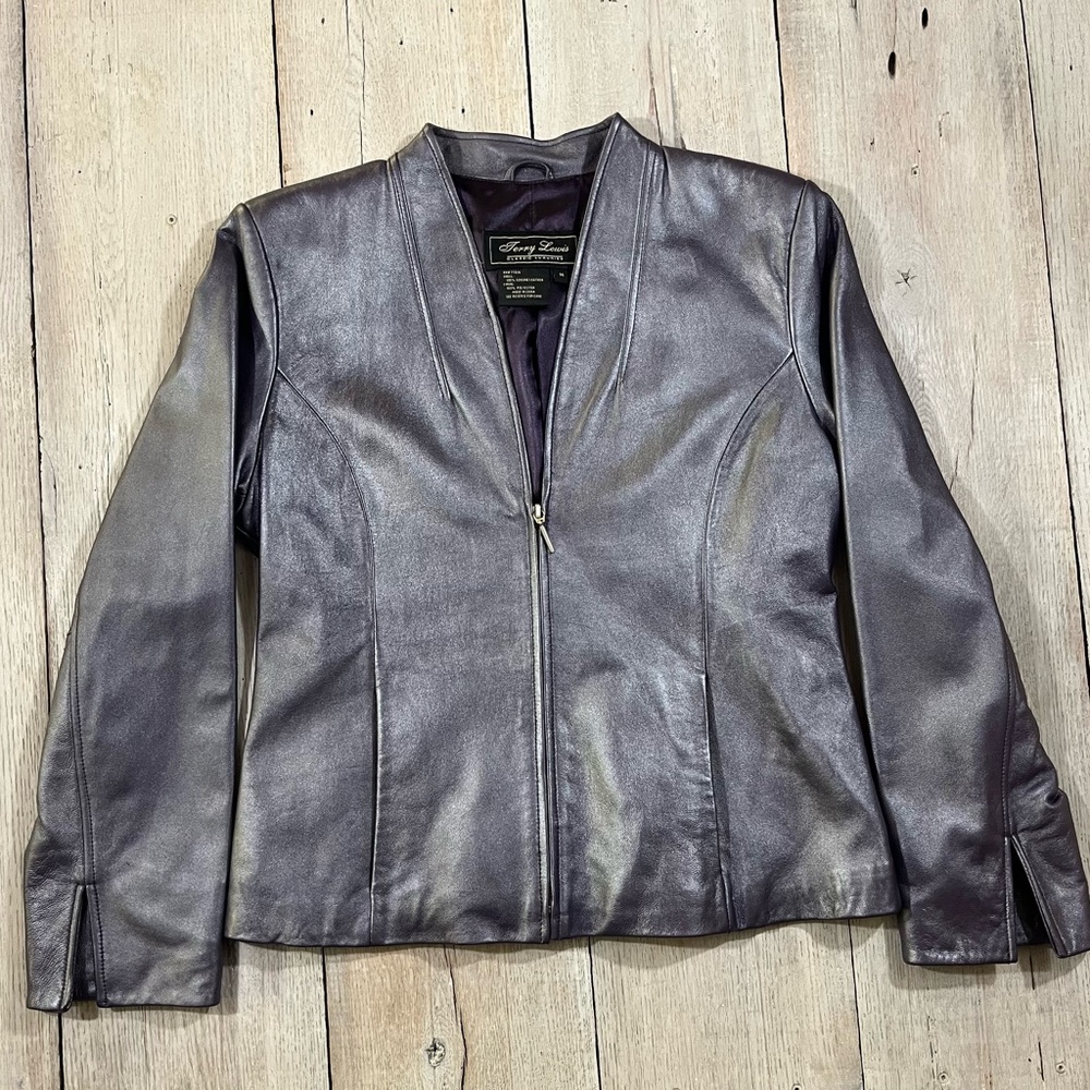 Terry Lewis Classic Luxuries Metallic Purple Leather Zip Blazer Size M